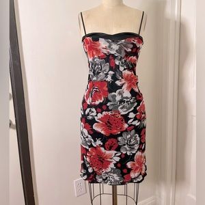 Red Pink Black Rose Floral Fitted Bodycon Dress